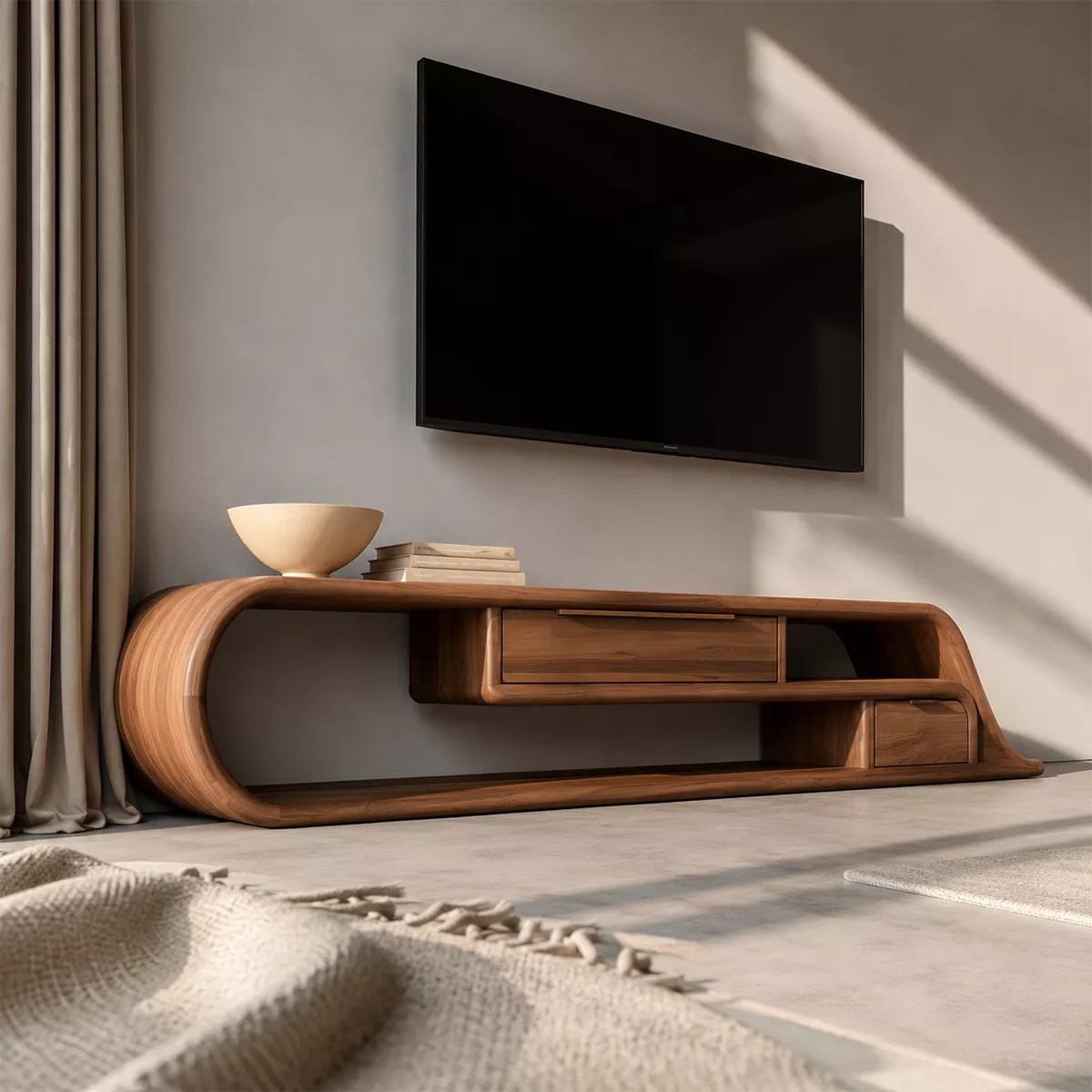 Asymmetrical Sculptural Solid Wood TV Stand With Curved Loop Frame, Open Storage And Drawers For Living Room - Livewoodcraft - 7