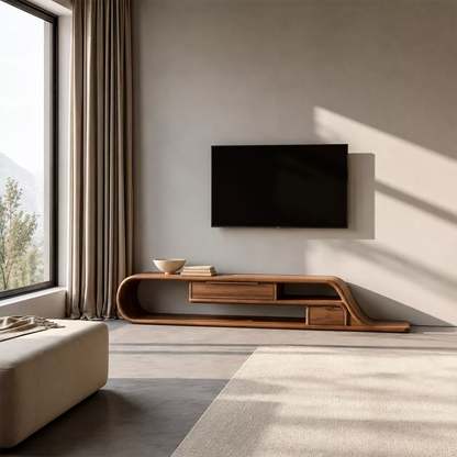 Asymmetrical Sculptural Solid Wood TV Stand With Curved Loop Frame, Open Storage And Drawers For Living Room - Livewoodcraft - 8