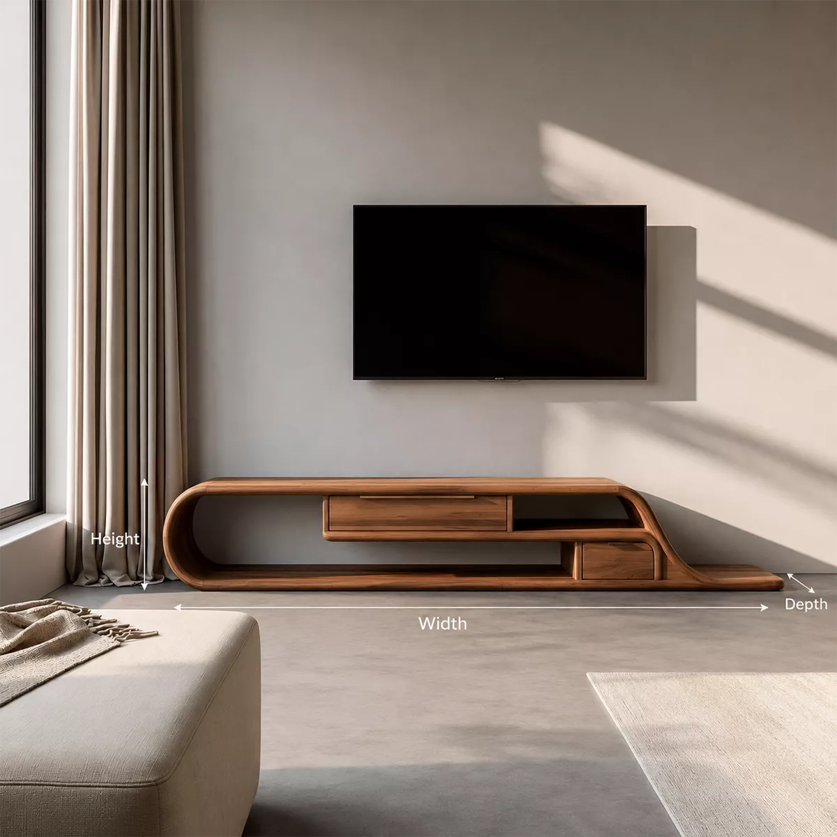 Asymmetrical Sculptural Solid Wood TV Stand With Curved Loop Frame, Open Storage And Drawers For Living Room - Livewoodcraft - 9