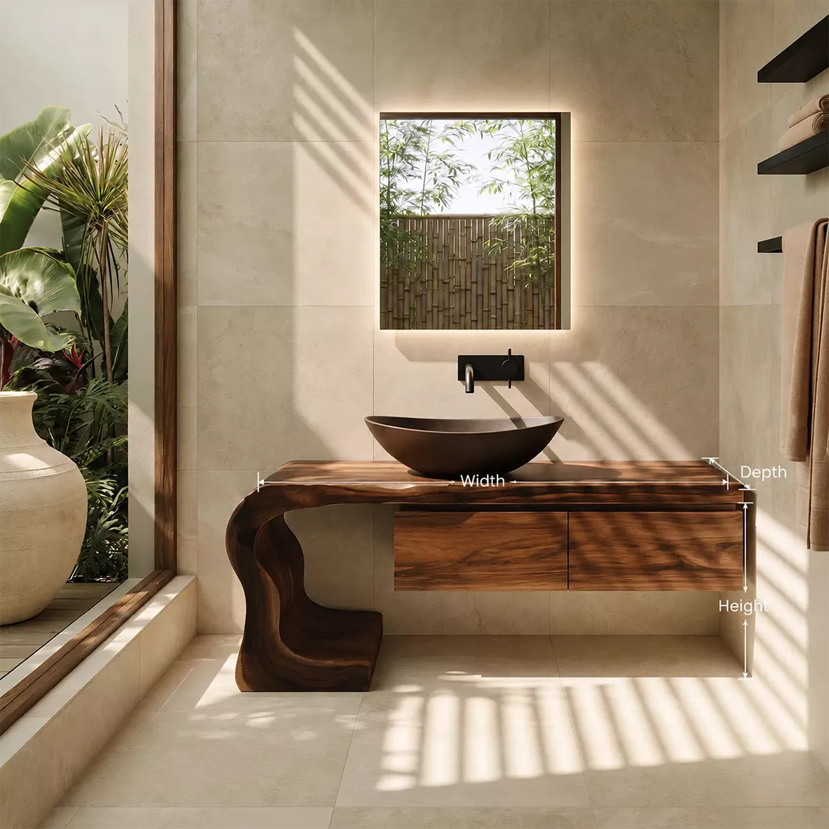 Asymmetrical Solid Wood Bathroom Vanity With Sculptural Curved Side And Floating Drawer Storage - Livewoodcraft - 10
