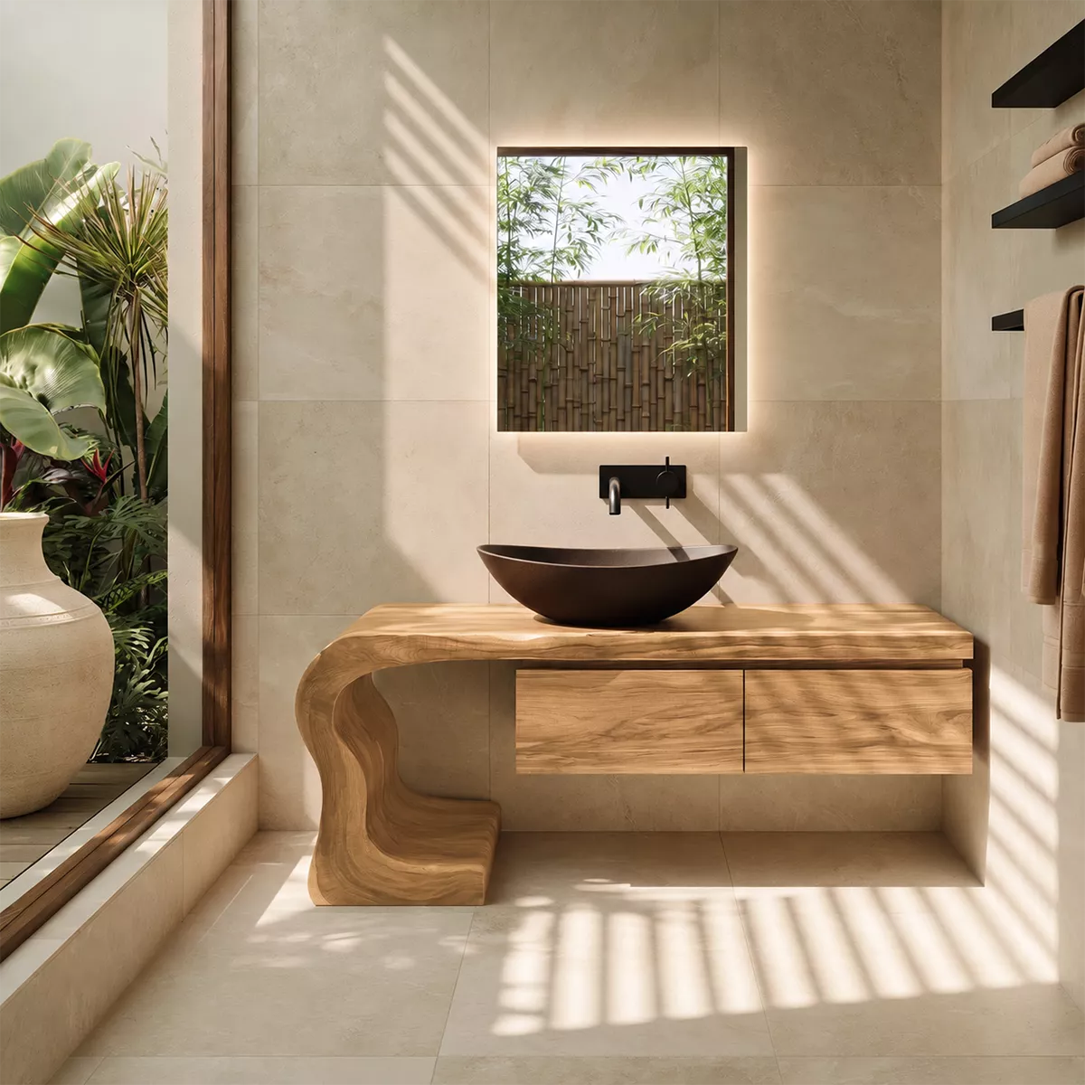 Asymmetrical Solid Wood Bathroom Vanity With Sculptural Curved Side And Floating Drawer Storage - Livewoodcraft - 2