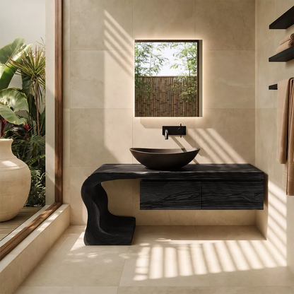Asymmetrical Solid Wood Bathroom Vanity With Sculptural Curved Side And Floating Drawer Storage - Livewoodcraft - 3