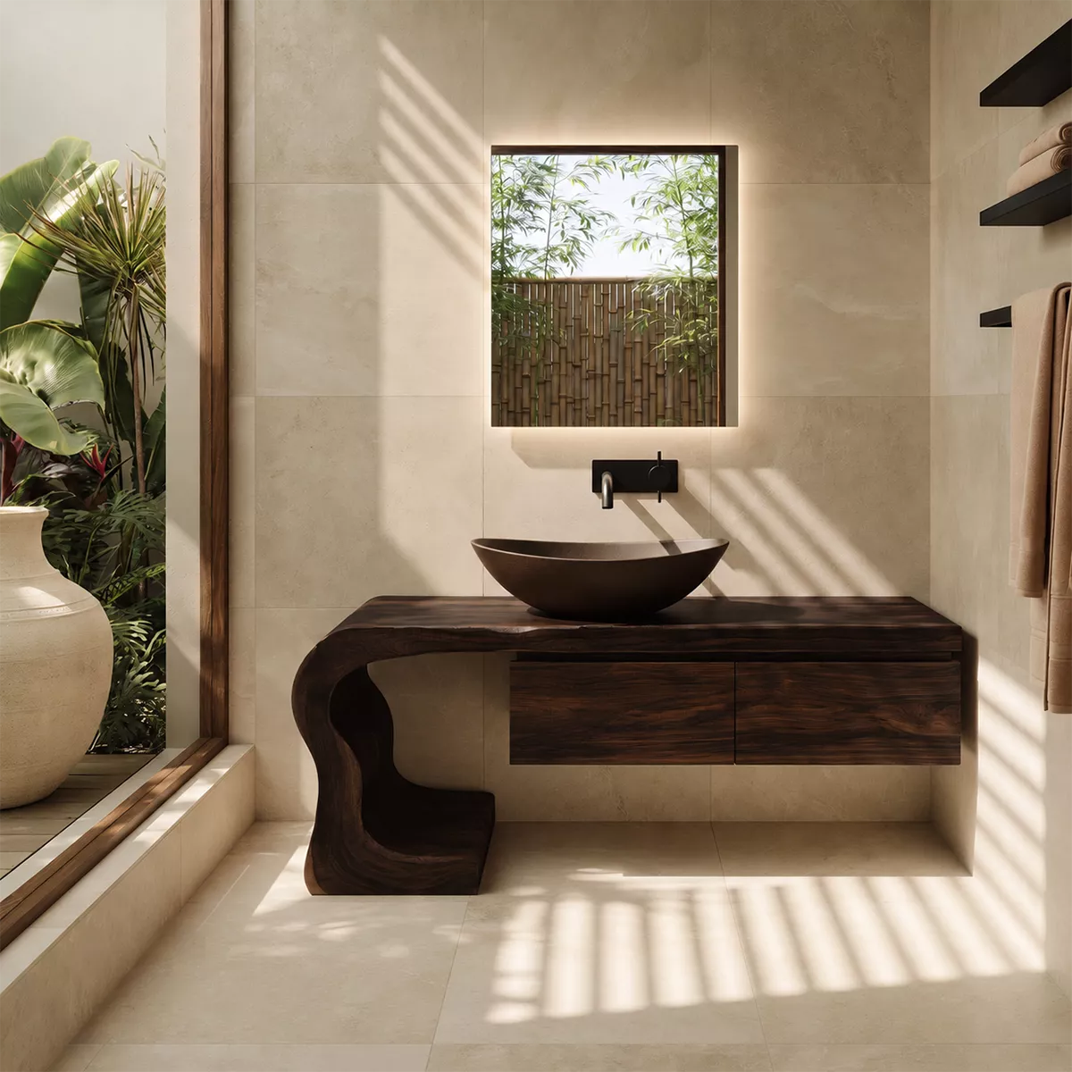 Asymmetrical Solid Wood Bathroom Vanity With Sculptural Curved Side And Floating Drawer Storage - Livewoodcraft - 4