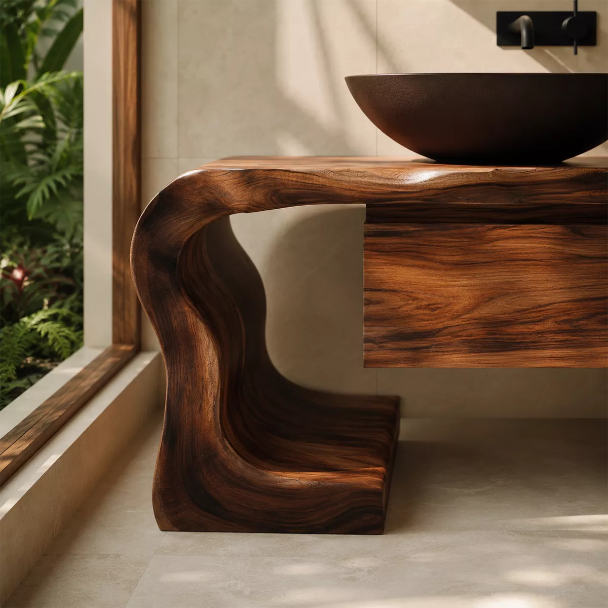 Asymmetrical Solid Wood Bathroom Vanity With Sculptural Curved Side And Floating Drawer Storage - Livewoodcraft - 5