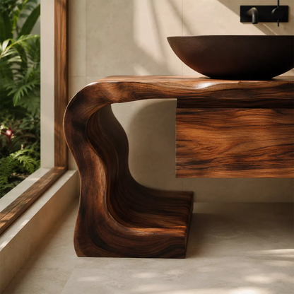 Asymmetrical Solid Wood Bathroom Vanity With Sculptural Curved Side And Floating Drawer Storage - Livewoodcraft - 5