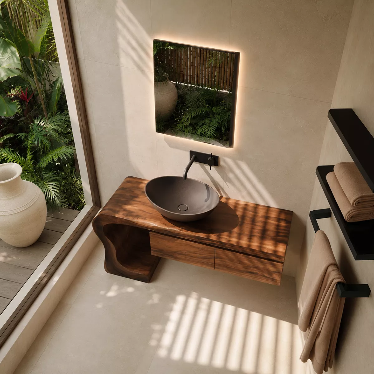 Asymmetrical Solid Wood Bathroom Vanity With Sculptural Curved Side And Floating Drawer Storage - Livewoodcraft - 6