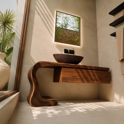 Asymmetrical Solid Wood Bathroom Vanity With Sculptural Curved Side And Floating Drawer Storage - Livewoodcraft - 7