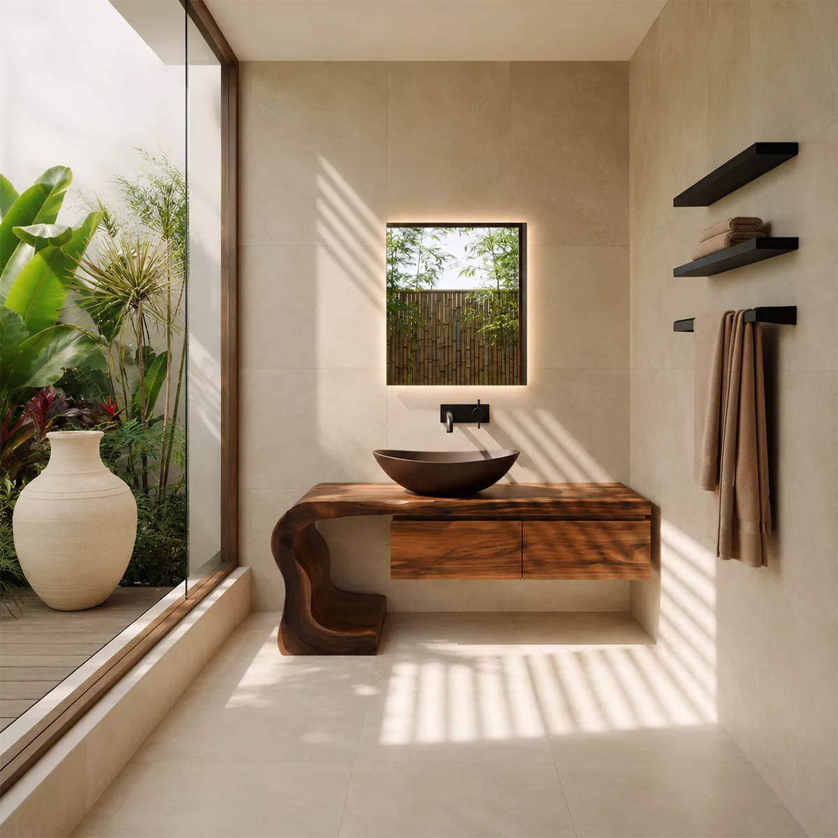 Asymmetrical Solid Wood Bathroom Vanity With Sculptural Curved Side And Floating Drawer Storage - Livewoodcraft - 8