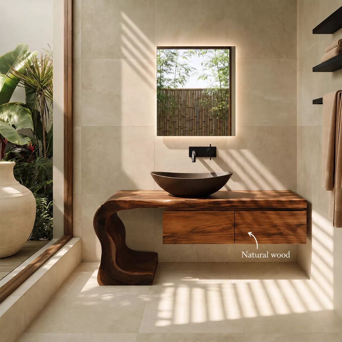 Asymmetrical Solid Wood Bathroom Vanity With Sculptural Curved Side And Floating Drawer Storage - Livewoodcraft - 9