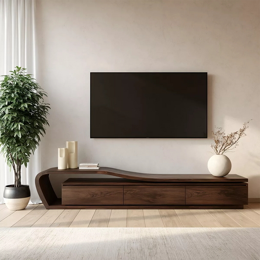 Asymmetrical Solid Wood TV Stand With Curved Open Side Frame And Hidden Drawer Storage For Living Room - Echotimber