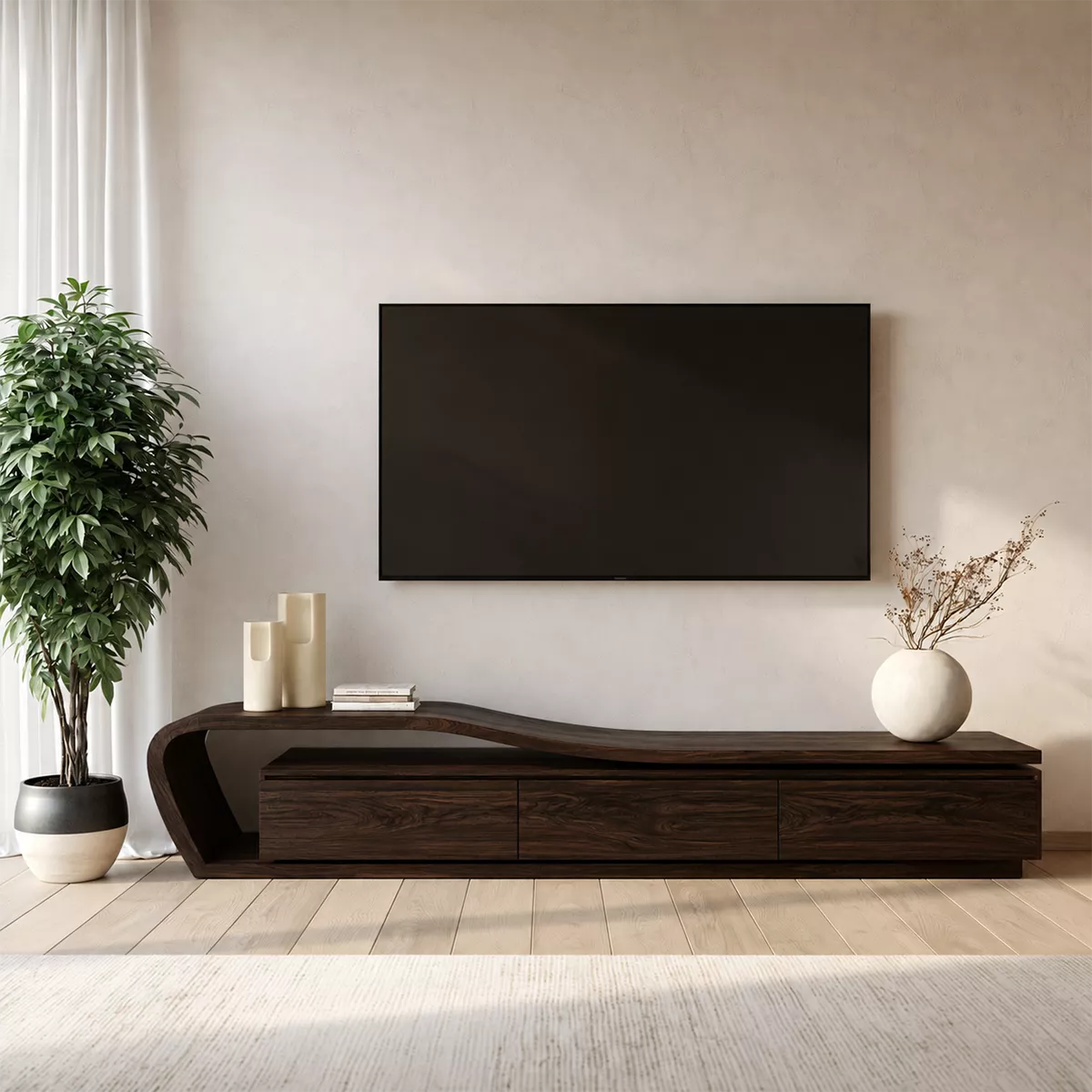 Asymmetrical Solid Wood TV Stand With Curved Open Side Frame And Hidden Drawer Storage For Living Room - Livewoodcraft - 10