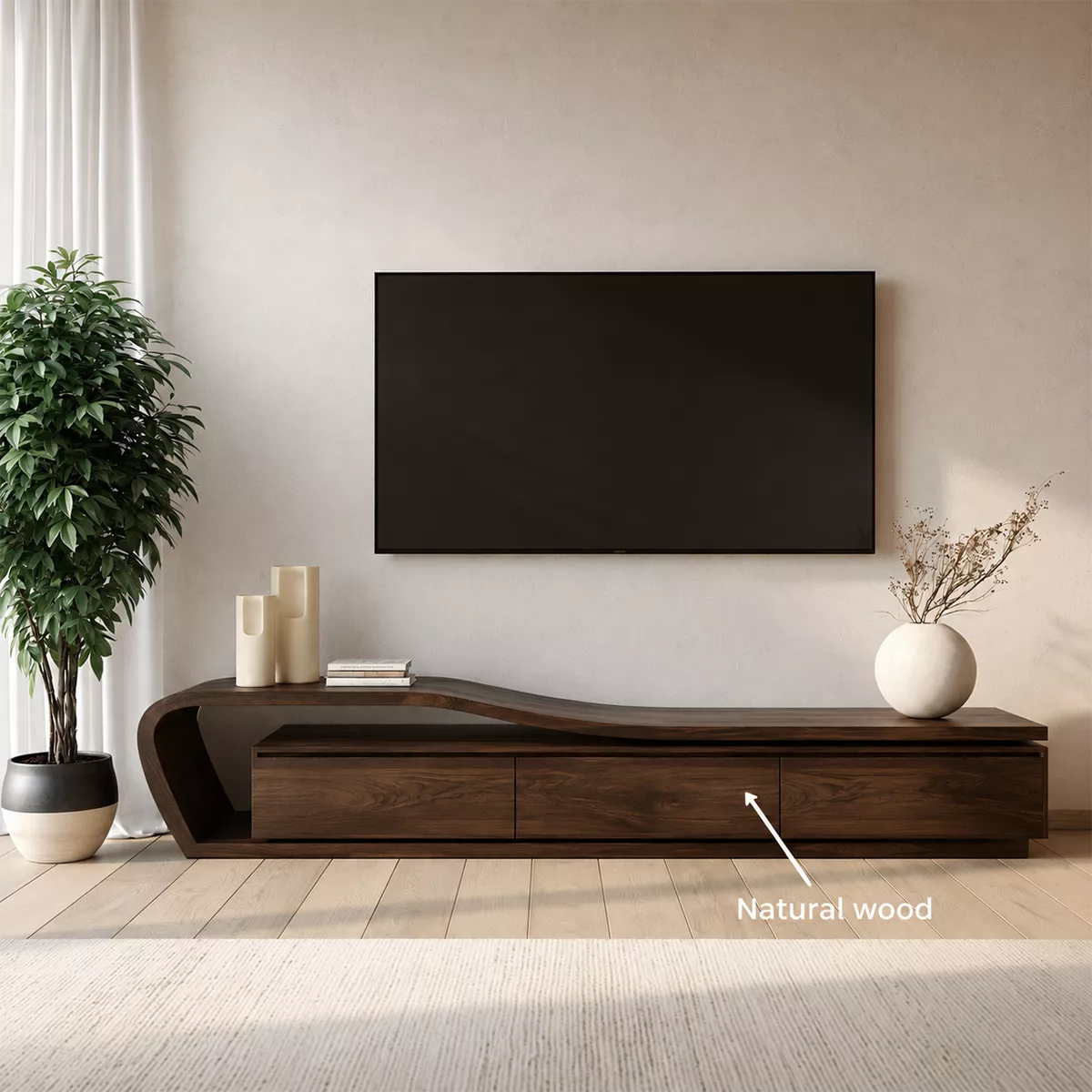 Asymmetrical Solid Wood TV Stand With Curved Open Side Frame And Hidden Drawer Storage For Living Room - Livewoodcraft - 11