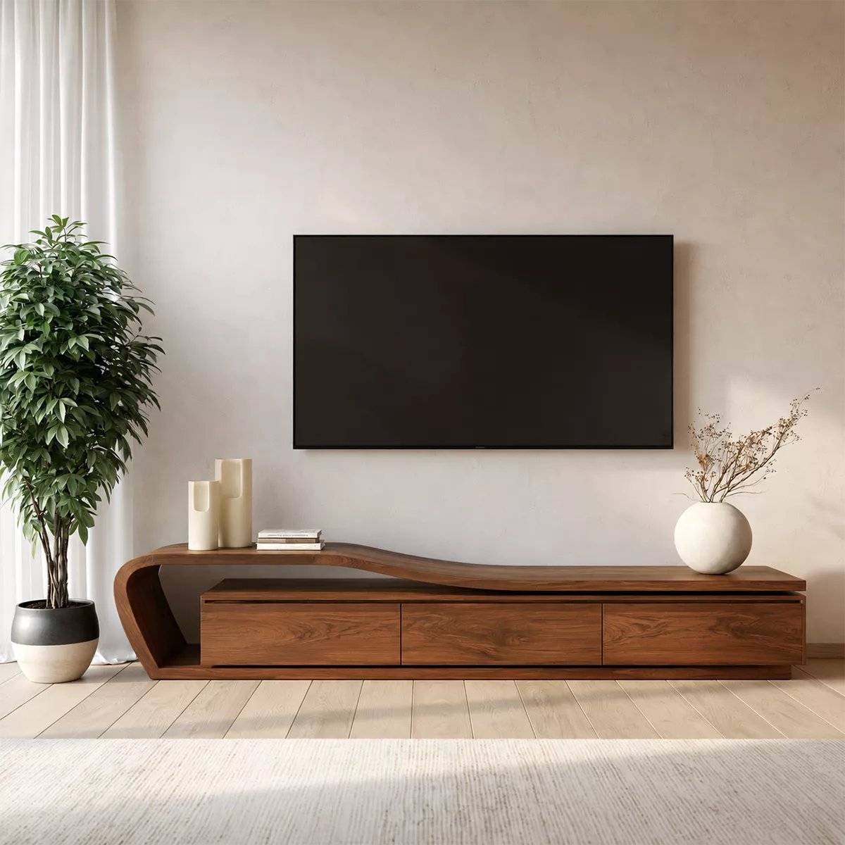 Asymmetrical Solid Wood TV Stand With Curved Open Side Frame And Hidden Drawer Storage For Living Room - Livewoodcraft - 2