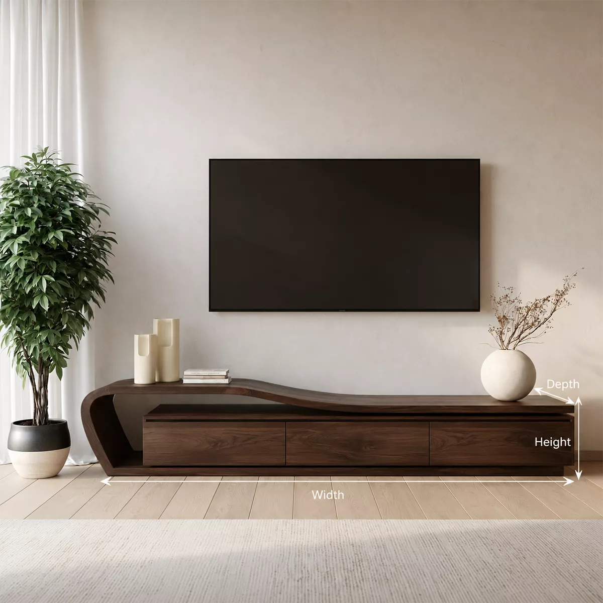 Asymmetrical Solid Wood TV Stand With Curved Open Side Frame And Hidden Drawer Storage For Living Room - Livewoodcraft - 3
