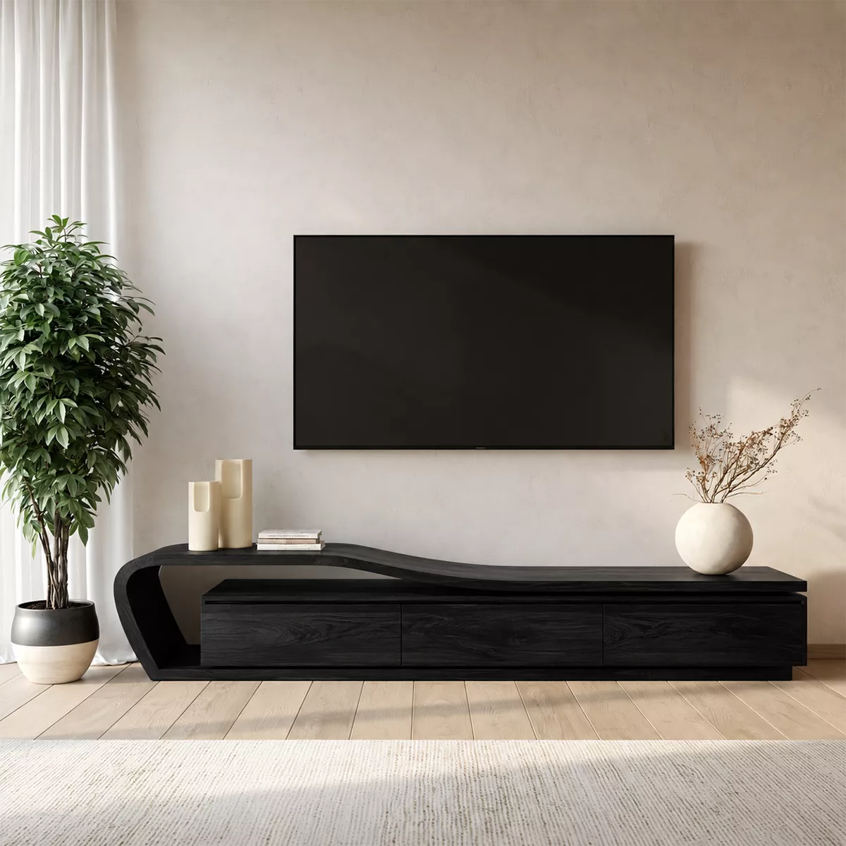 Asymmetrical Solid Wood TV Stand With Curved Open Side Frame And Hidden Drawer Storage For Living Room - Livewoodcraft - 4