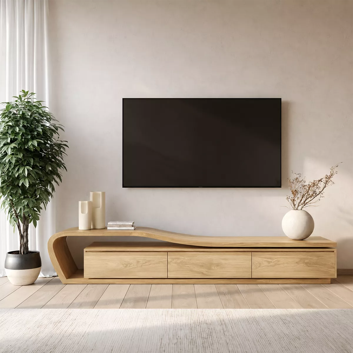 Asymmetrical Solid Wood TV Stand With Curved Open Side Frame And Hidden Drawer Storage For Living Room - Livewoodcraft - 5