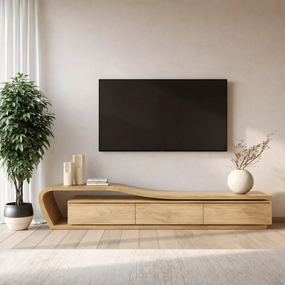 Asymmetrical Solid Wood TV Stand With Curved Open Side Frame And Hidden Drawer Storage For Living Room - Livewoodcraft - 5