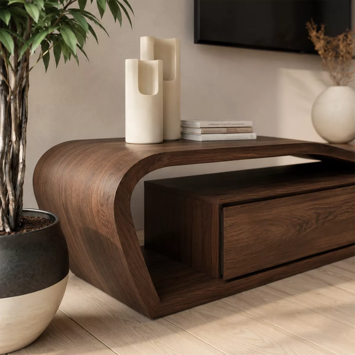Asymmetrical Solid Wood TV Stand With Curved Open Side Frame And Hidden Drawer Storage For Living Room - Livewoodcraft - 6