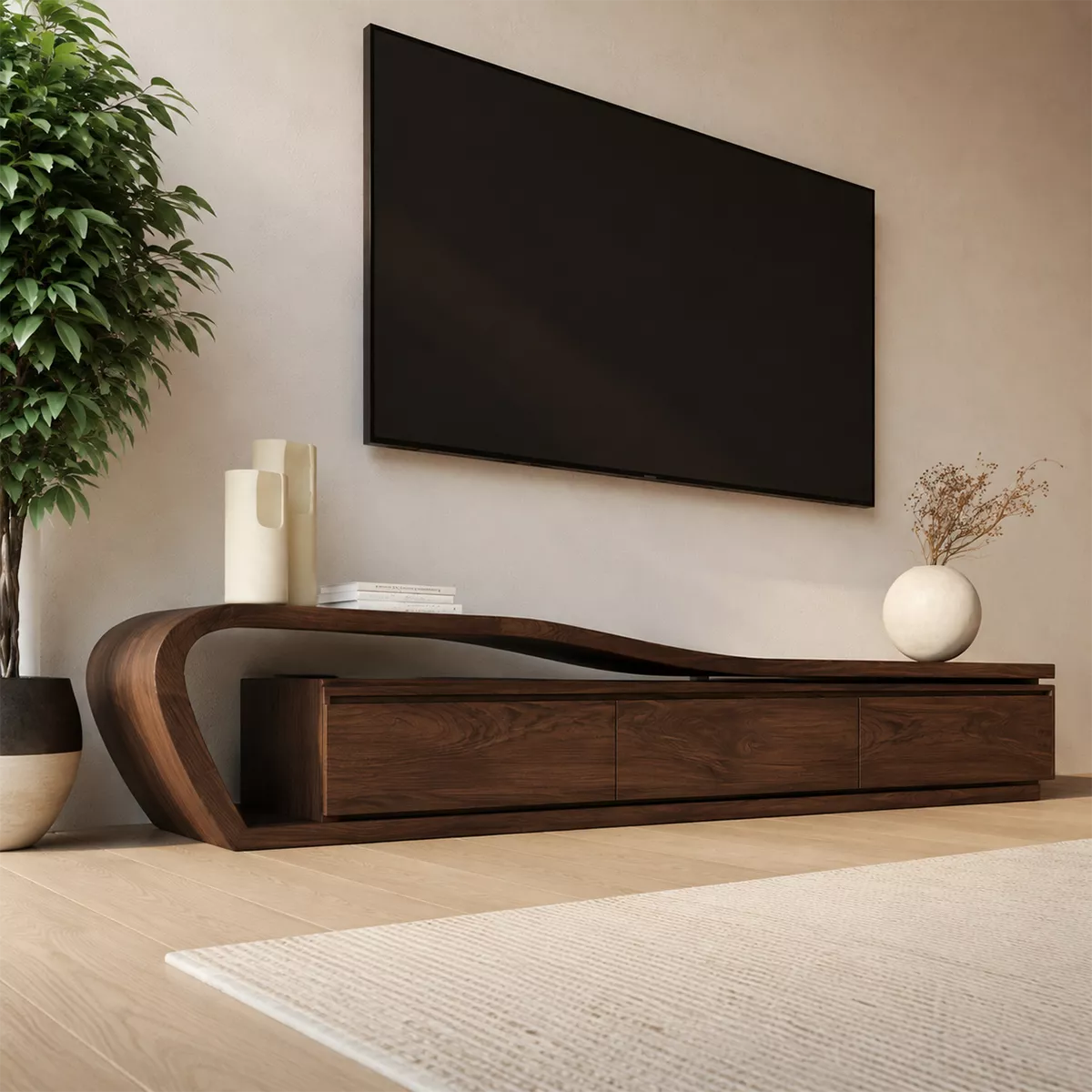 Asymmetrical Solid Wood TV Stand With Curved Open Side Frame And Hidden Drawer Storage For Living Room - Livewoodcraft - 7