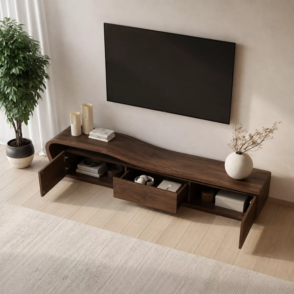 Asymmetrical Solid Wood TV Stand With Curved Open Side Frame And Hidden Drawer Storage For Living Room - Livewoodcraft - 8