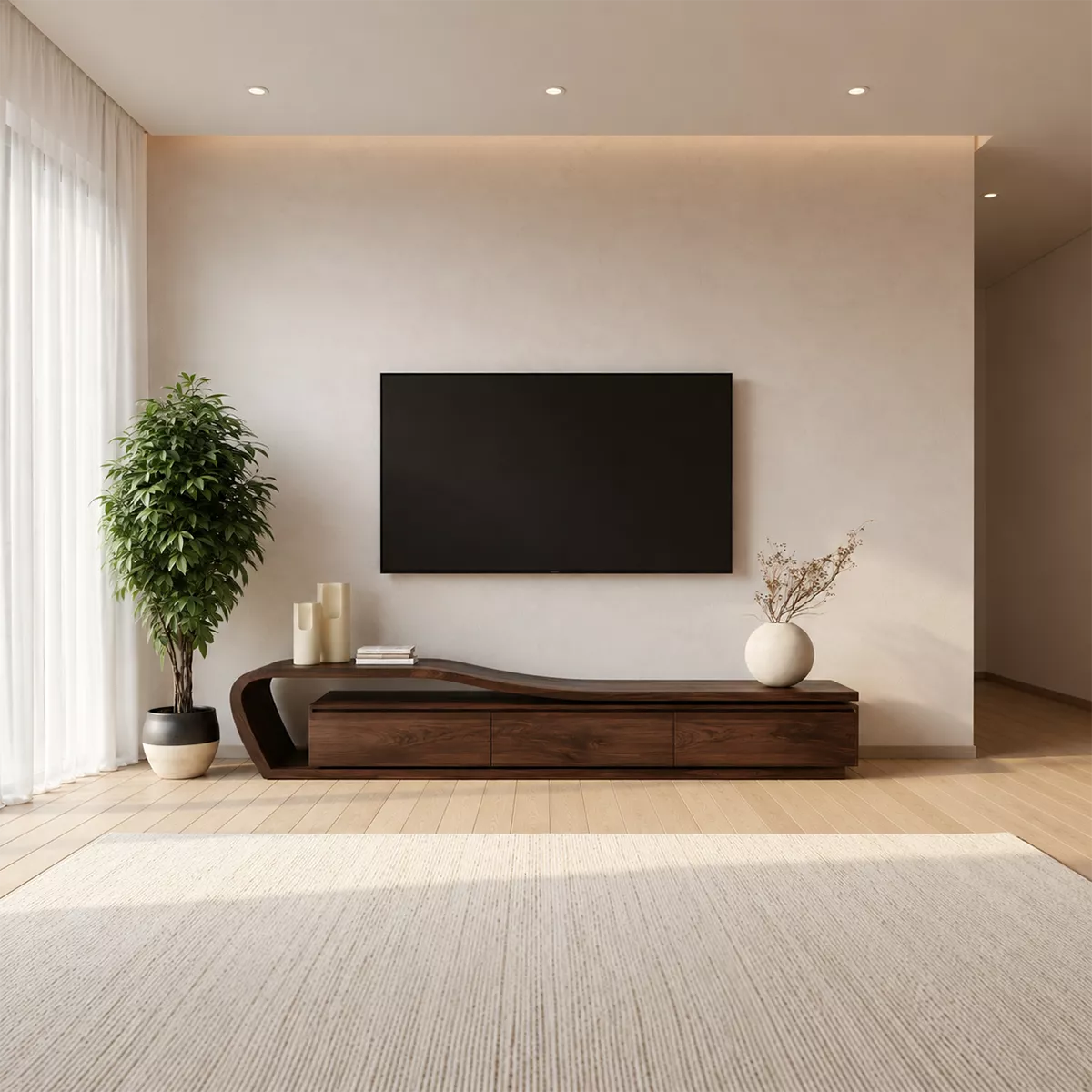 Asymmetrical Solid Wood TV Stand With Curved Open Side Frame And Hidden Drawer Storage For Living Room - Livewoodcraft - 9