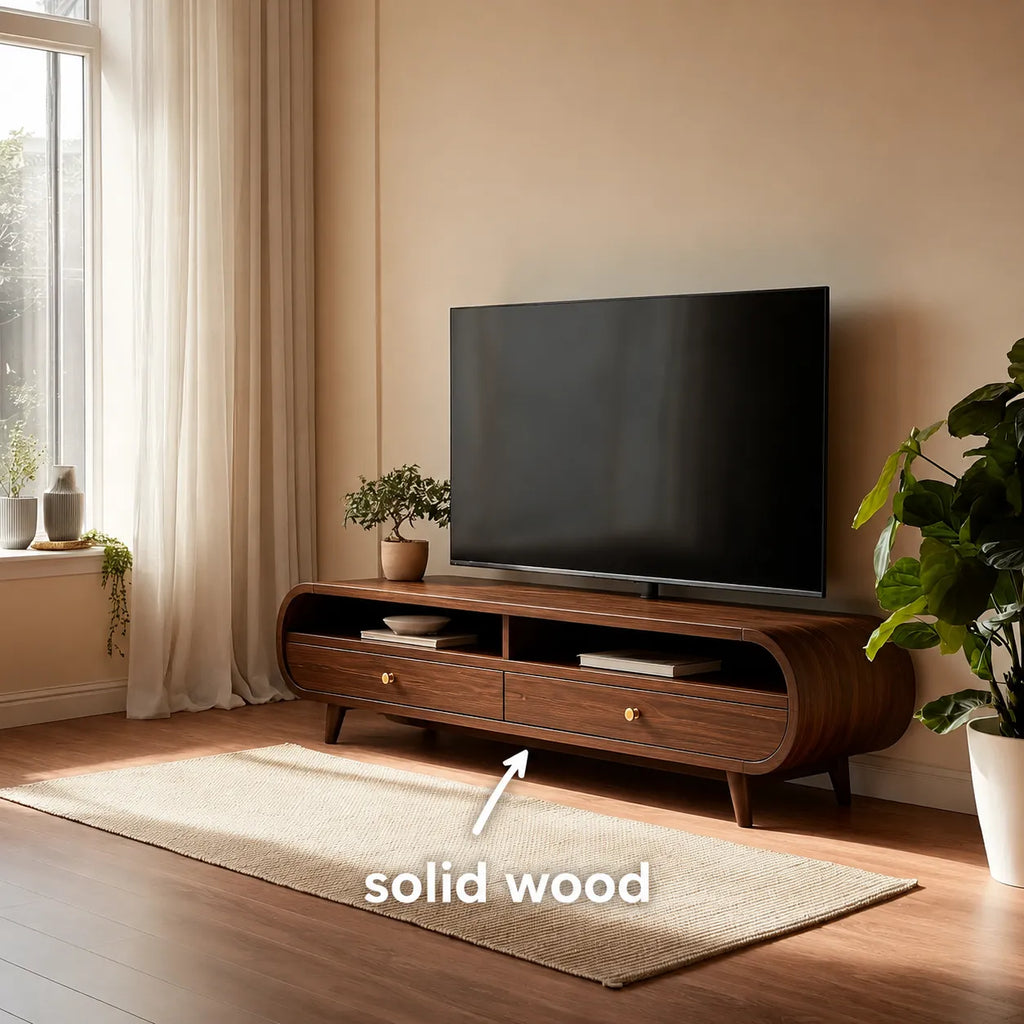 Retro Natural Solid Wood TV Stand with Rounded Edge Media Storage