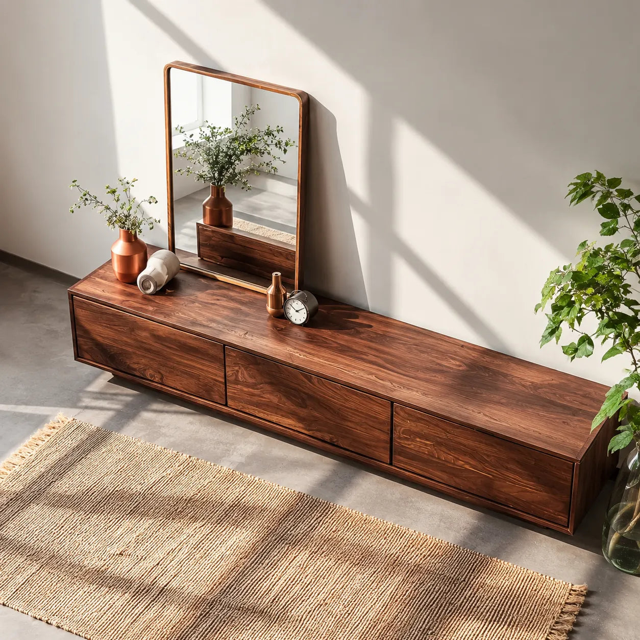 Minimalist Low Profile TV Stand with Seamless Storage Design
