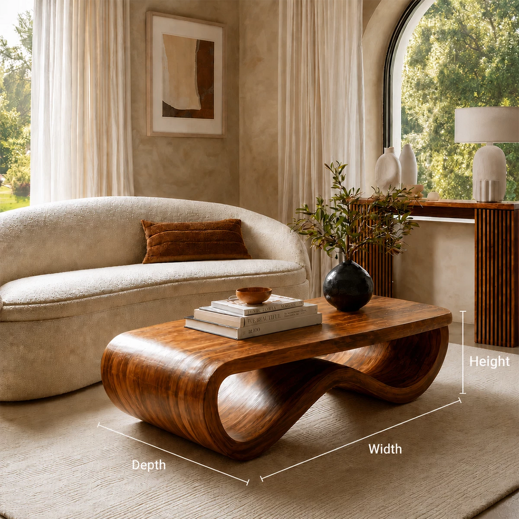 Sculptural Solid Wood Coffee Table With Curved Waterfall Base And Natural Wood Grain For Modern Living Room