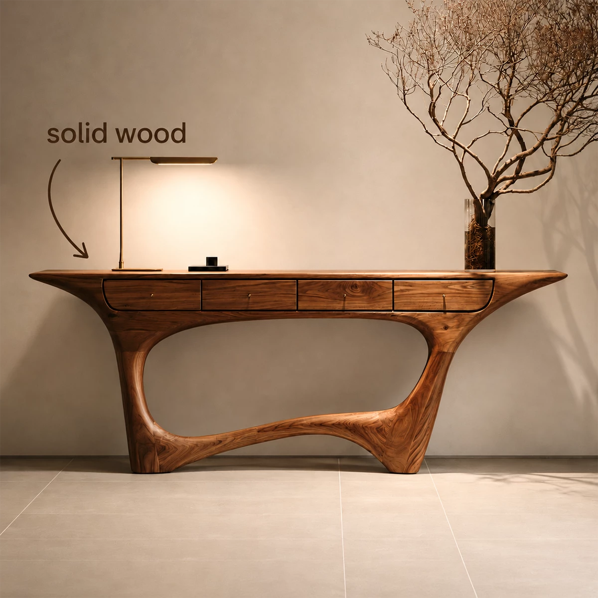 Natural Solid Wood Console Table with Four Drawers Sculptural Modern Style