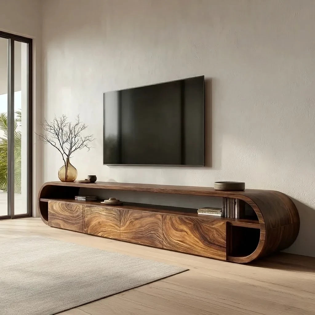Curved Edge Natural Solid Wood TV Stand with Open Shelf Storage