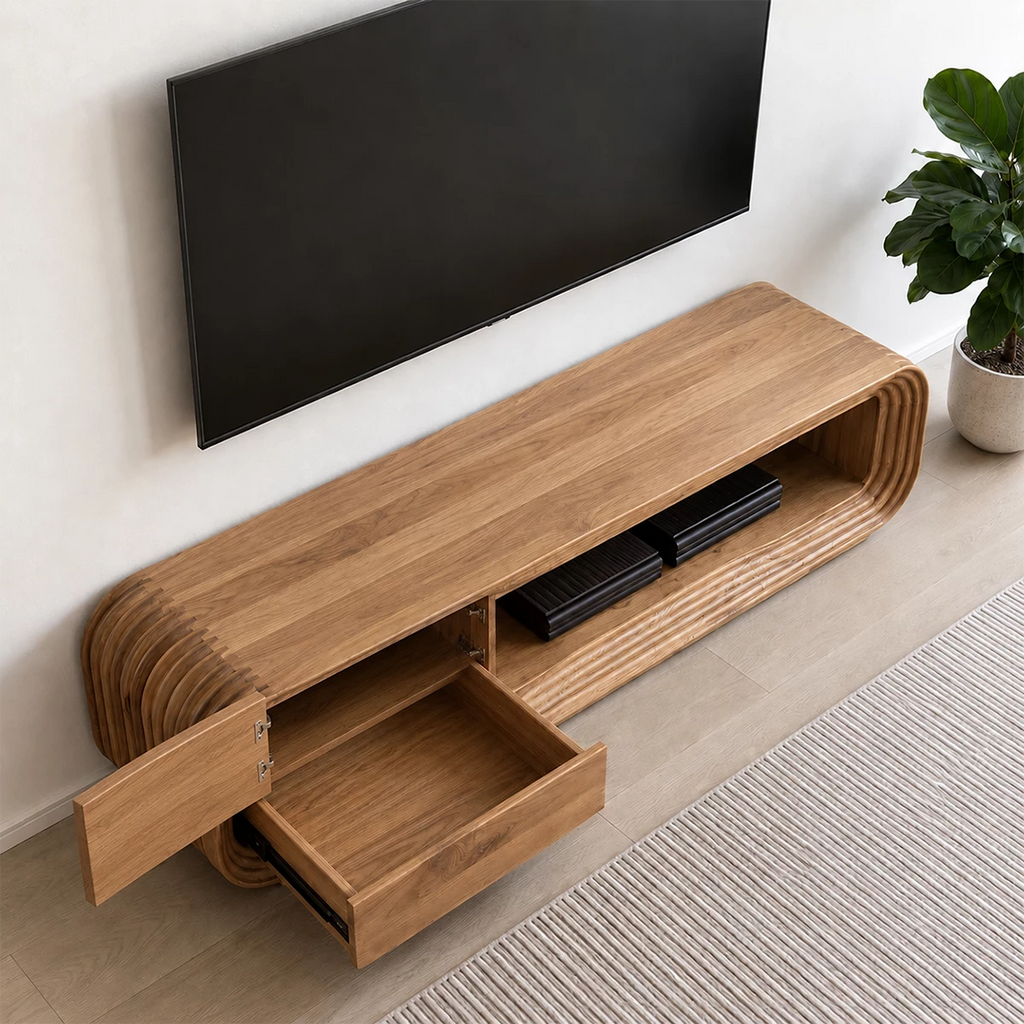 Natural Solid Wood TV Stand with Two Drawers and Ribbed Open Media Shelf