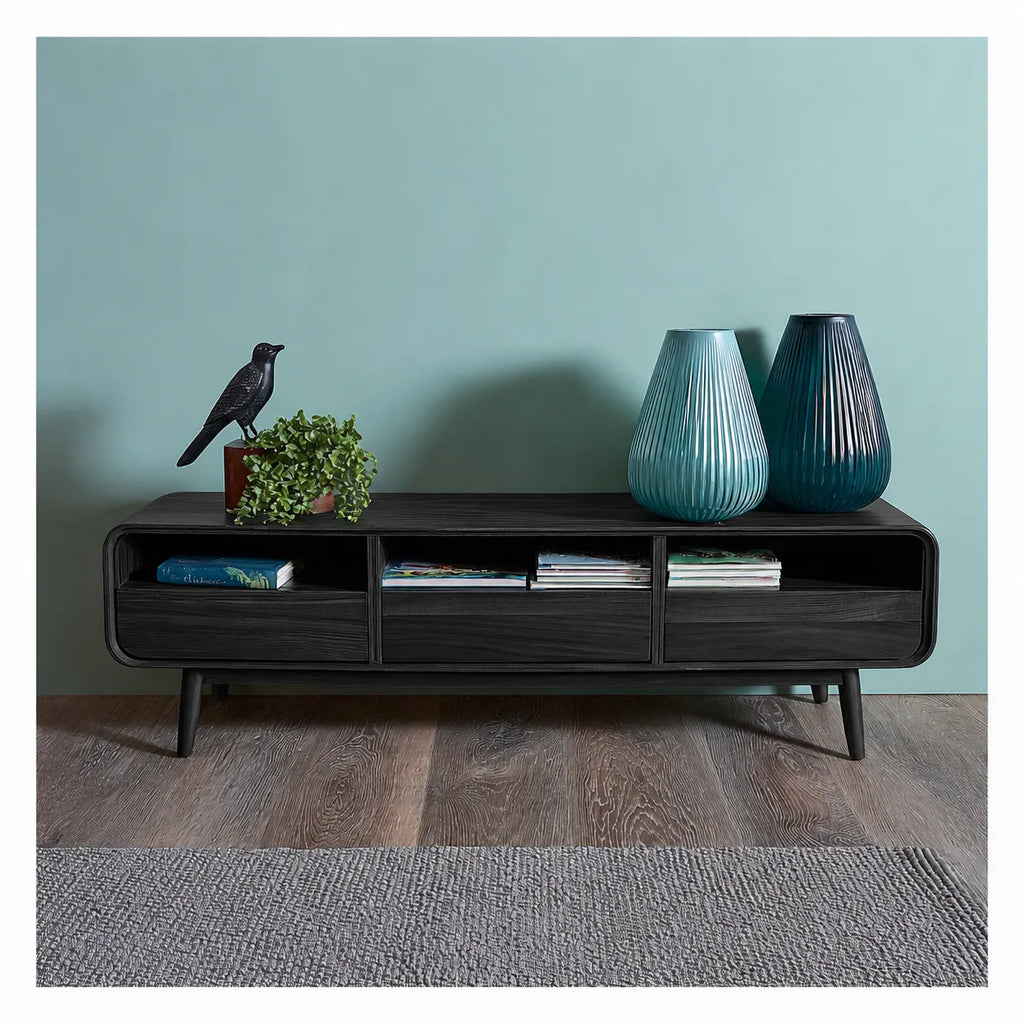 Mid Century Natural Solid Wood TV Stand with Rounded Frame Design