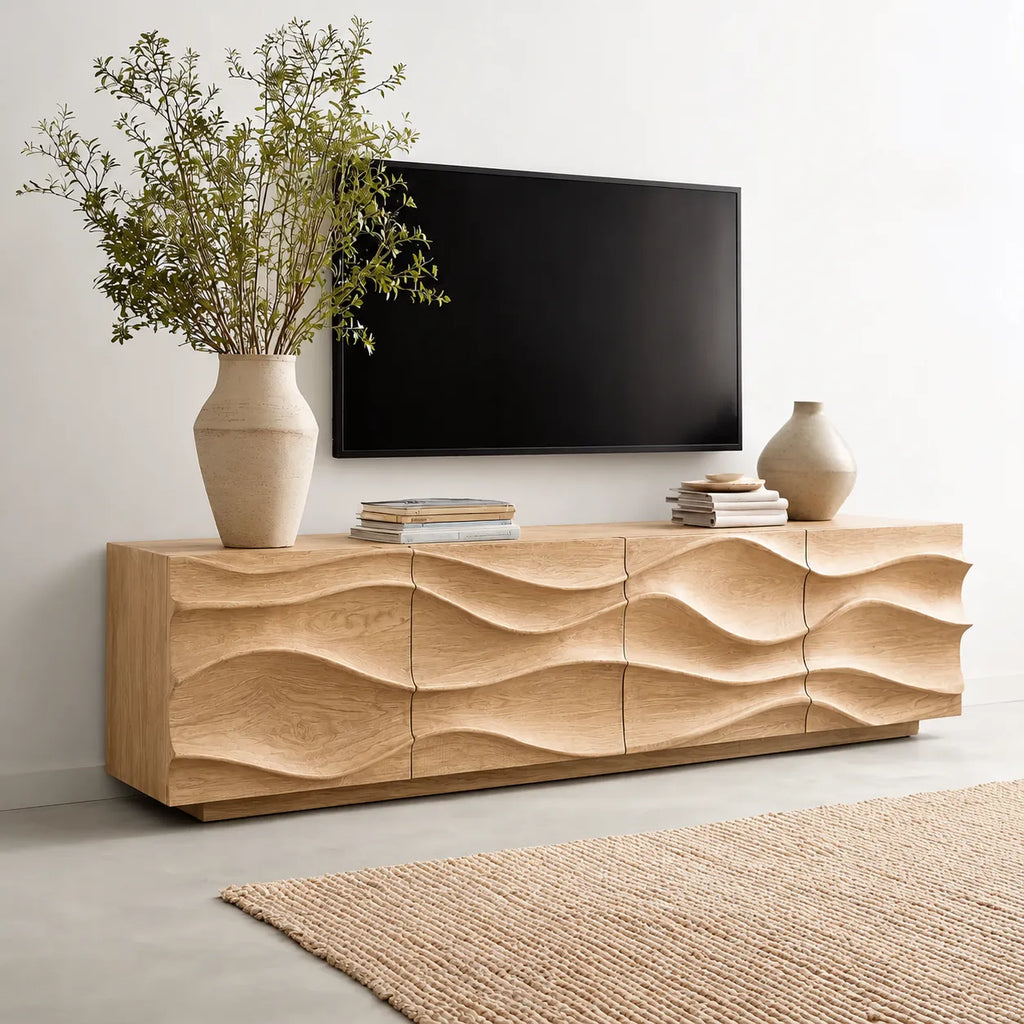 Sculpted Wave Natural Solid Wood TV Stand with Eight Drawer Storage