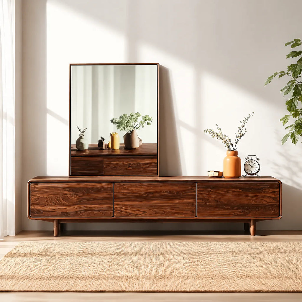 Contemporary Natural Solid Wood TV Stand with Concealed Storage