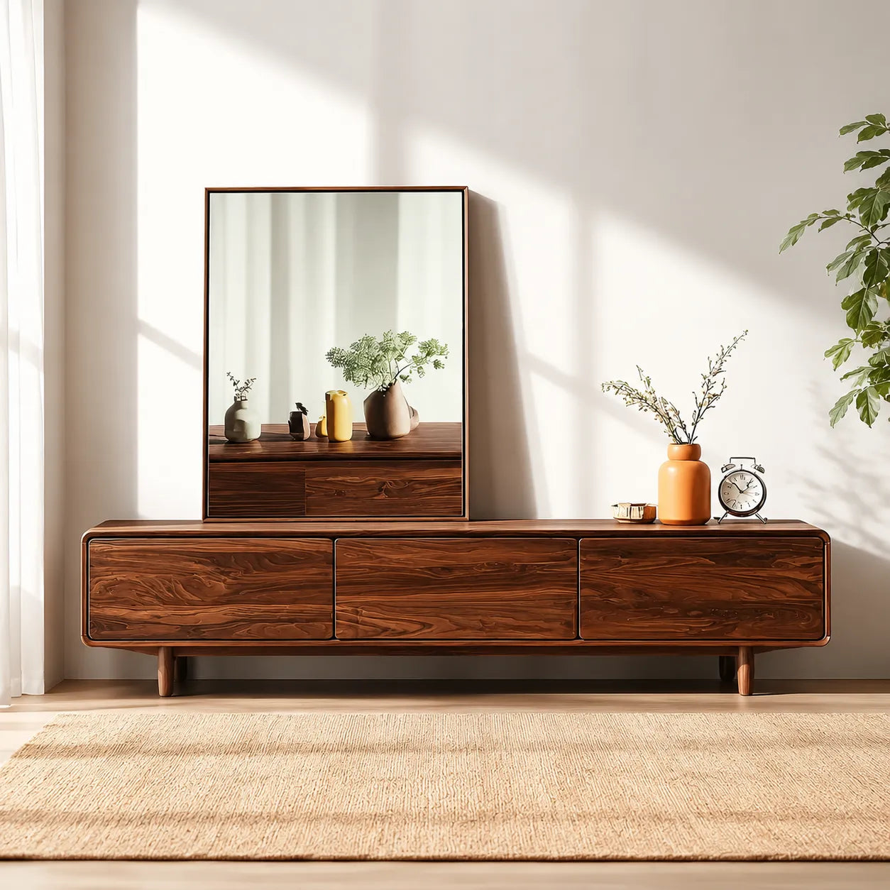 Contemporary Natural Solid Wood TV Stand with Concealed Storage