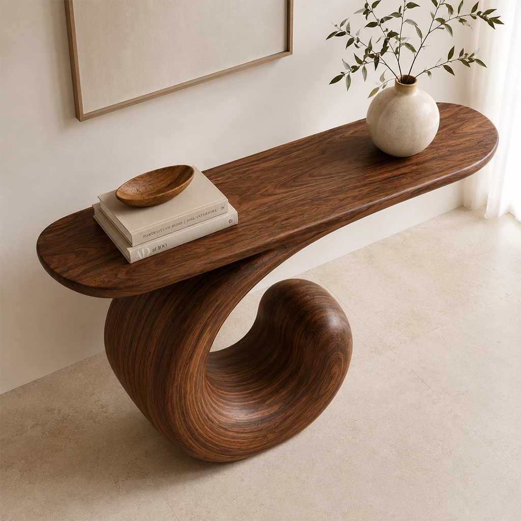 Sculptural Spiral Console Table in Natural Solid Wood