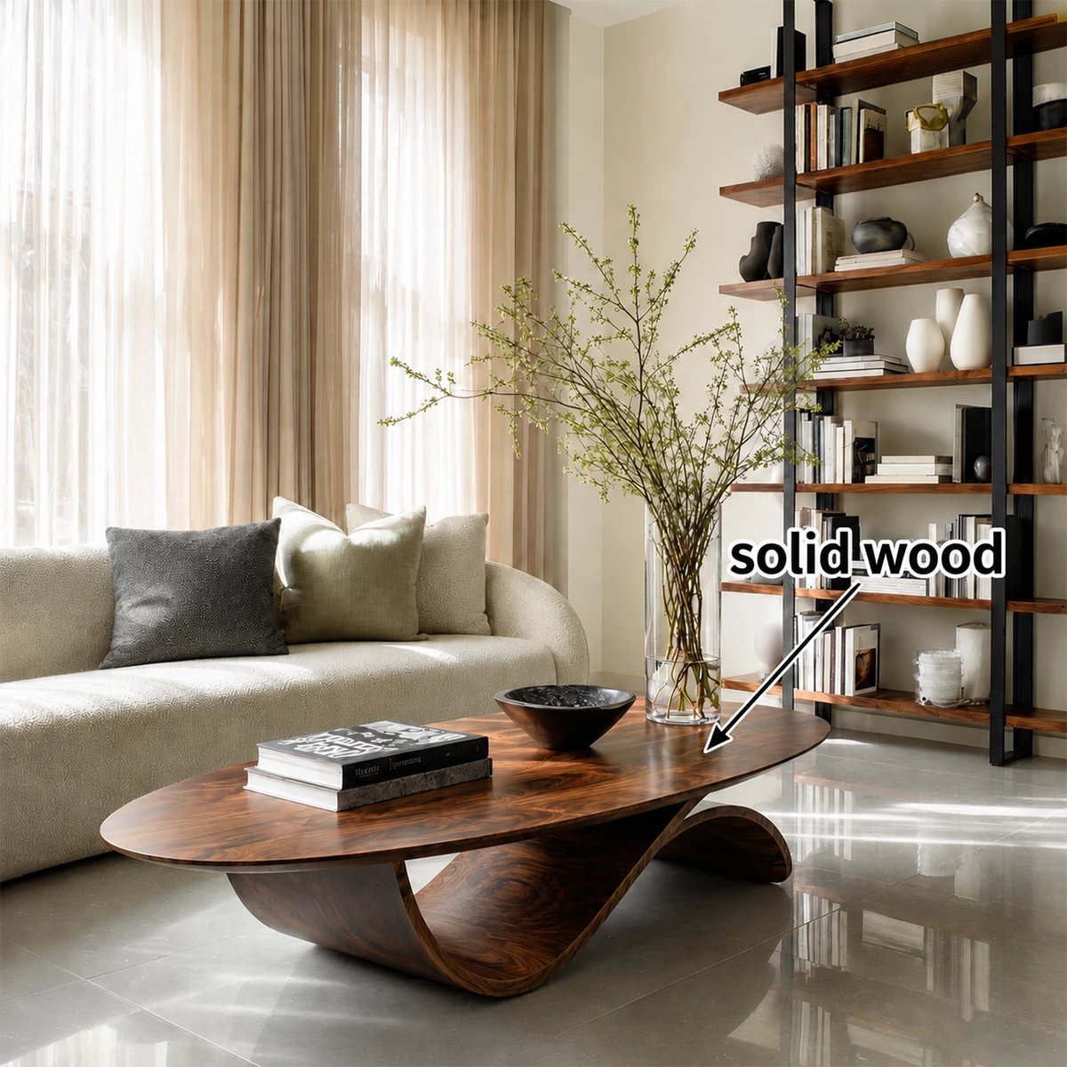 Oval Sculptural Coffee Table Crafted from Natural Solid Wood