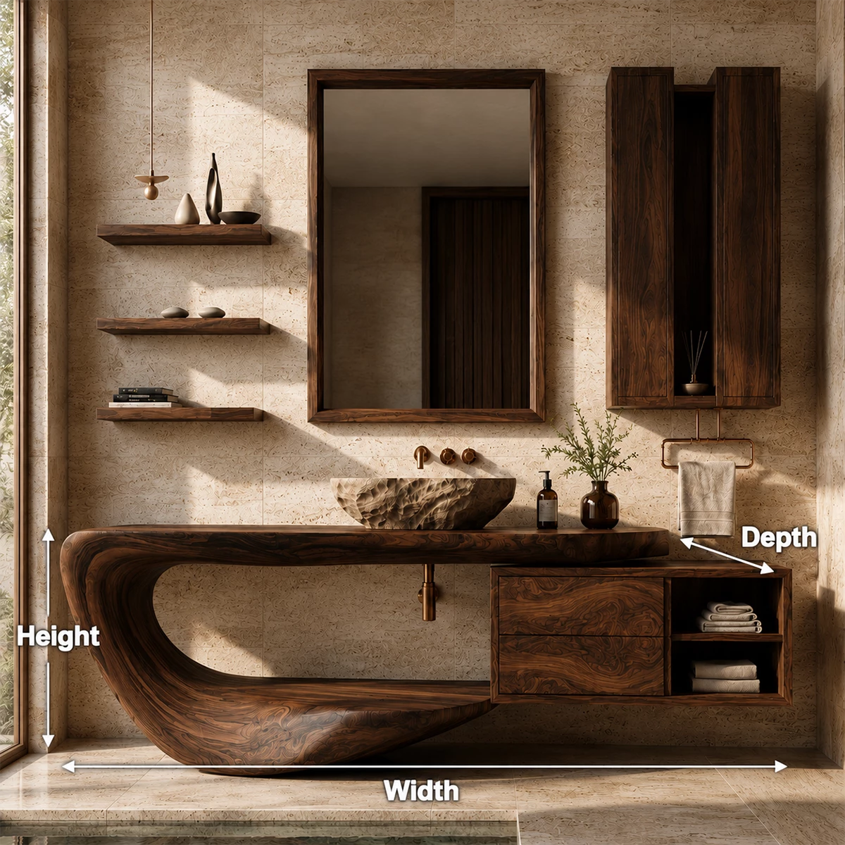 Organic Floating Bathroom Vanity With Sculptural Curved Wood Base & Wall Storage