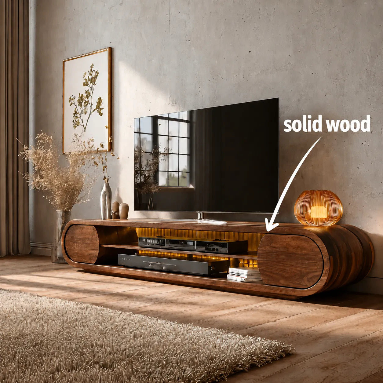 Rounded Modern TV Stand with Open Media Storage and Ambient Lighting