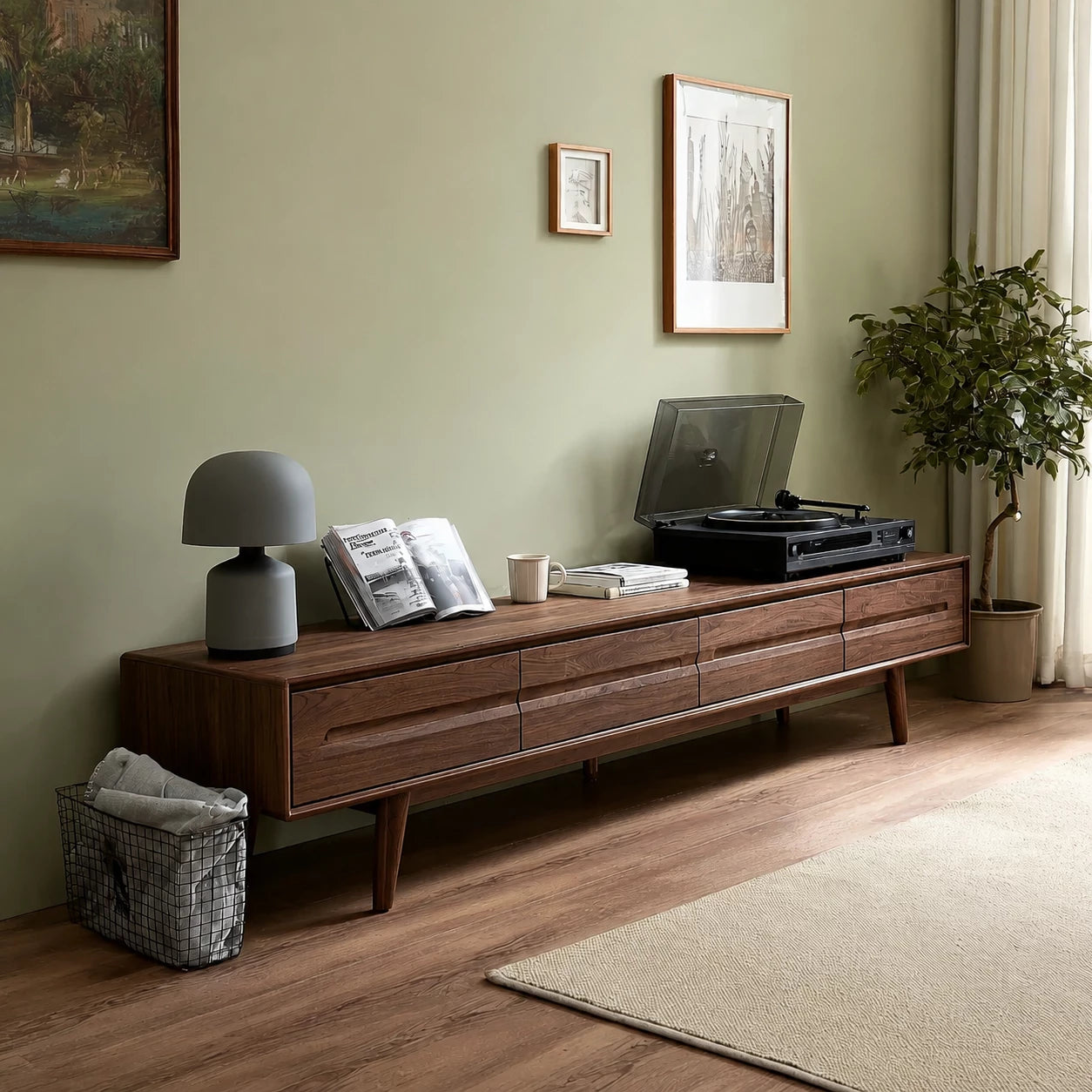 Low Profile Natural Solid Wood TV Stand with Tapered Legs and Drawers