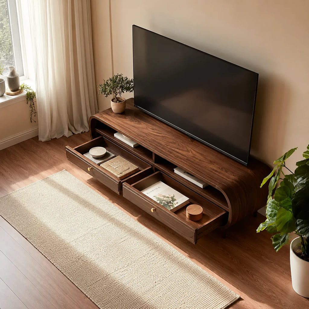 Retro Natural Solid Wood TV Stand with Rounded Edge Media Storage