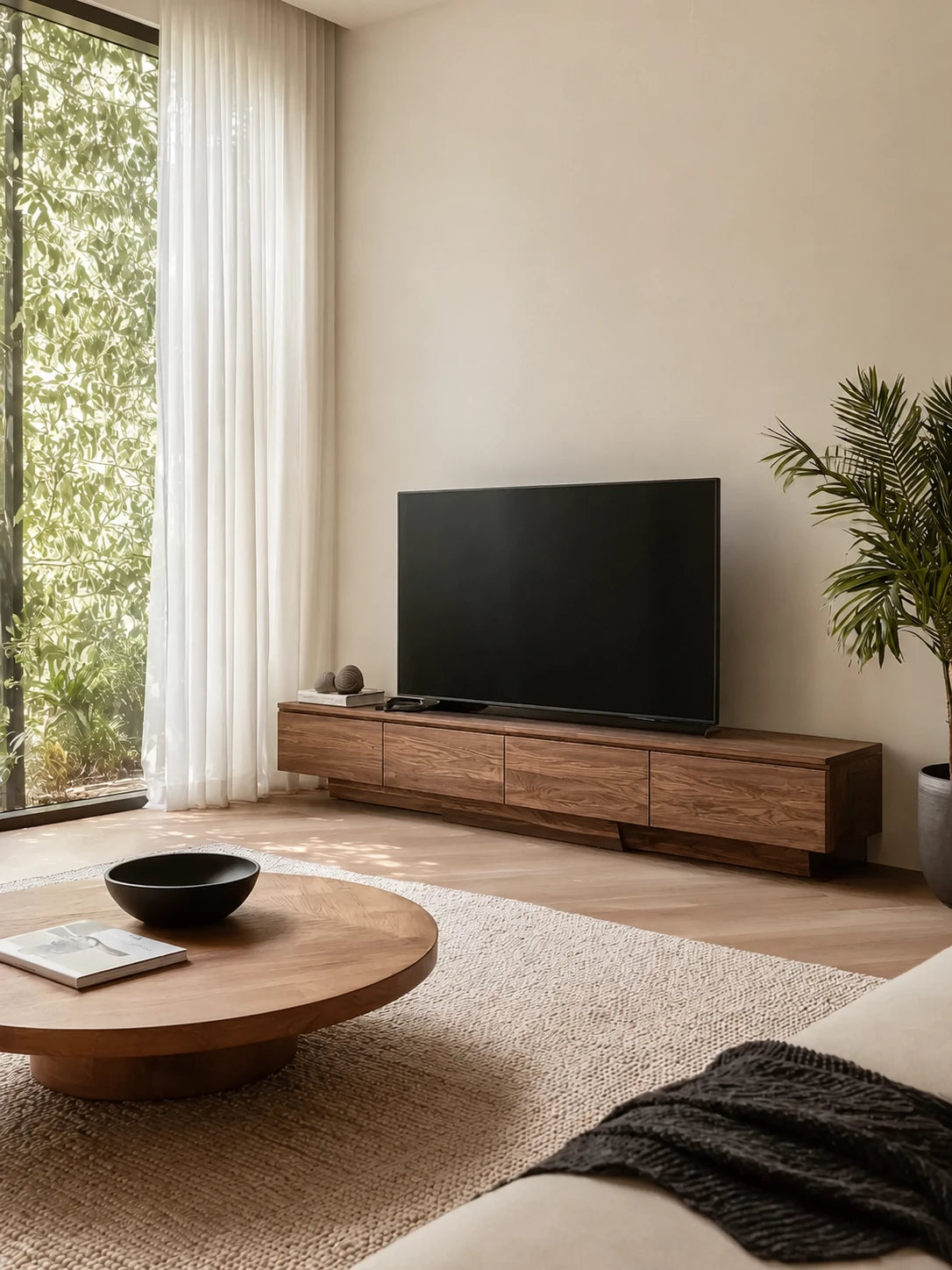 Floating Look Natural Solid Wood TV Stand with Four Door Storage Design