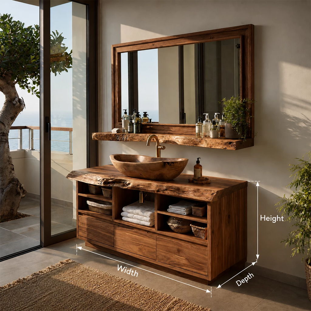 Natural Solid Wood Bathroom Vanity with Three Drawers and Open Shelving