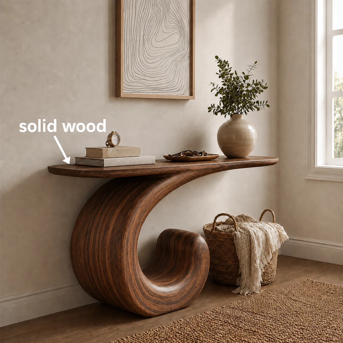 Sculptural Spiral Console Table in Natural Solid Wood