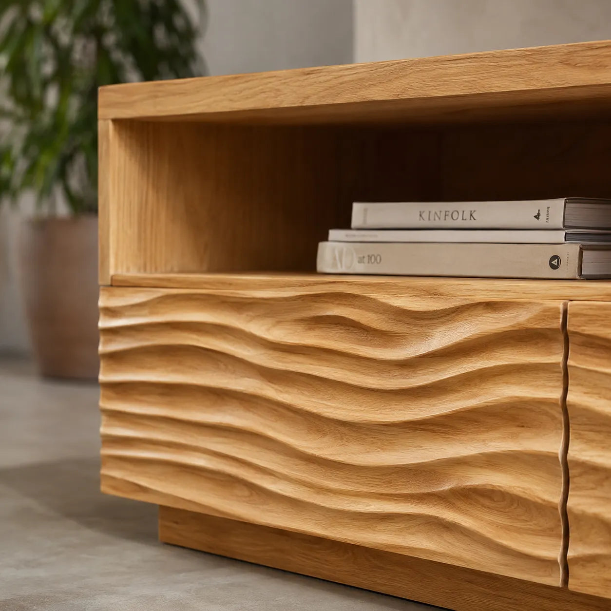 Wave Front TV Stand with Sculpted Storage and Open Display Shelf