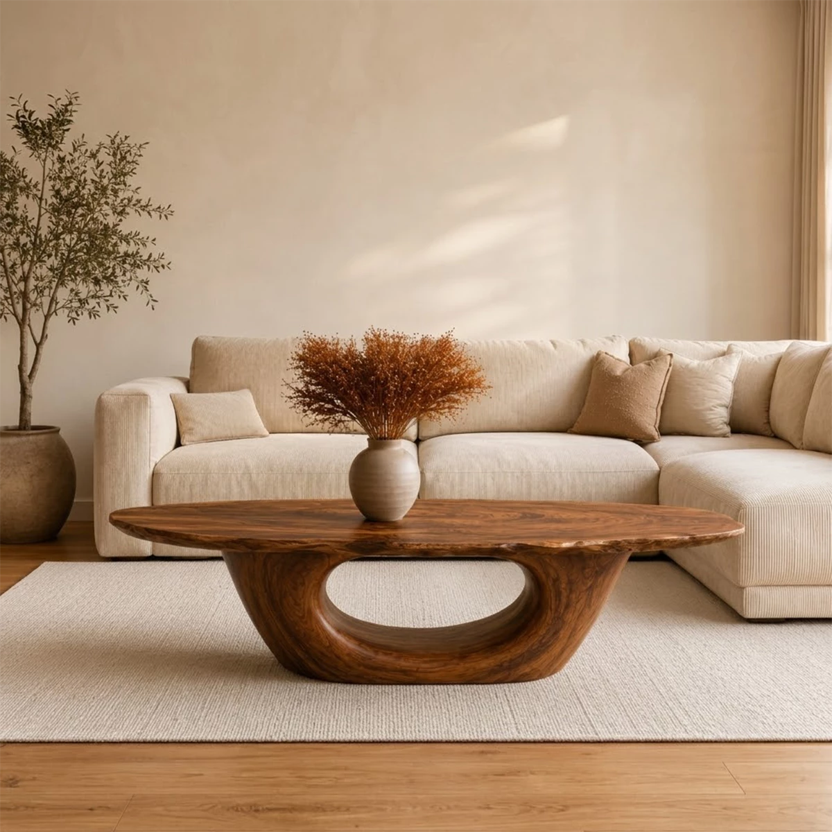 Sculptural Natural Solid Wood Coffee Table for Living Room