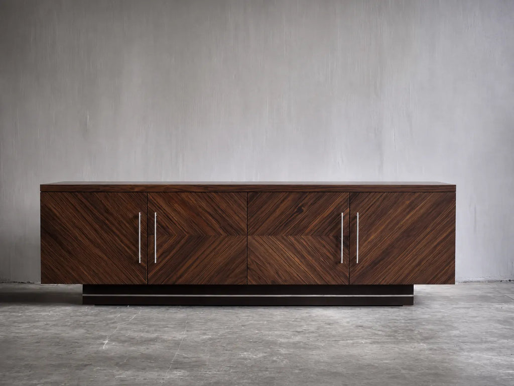 Geometric Natural Solid Wood TV Stand with Chevron Door Design