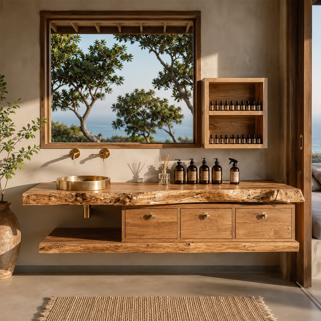 Live Edge Floating Bathroom Vanity With Solid Wood Drawers & Open Shelf