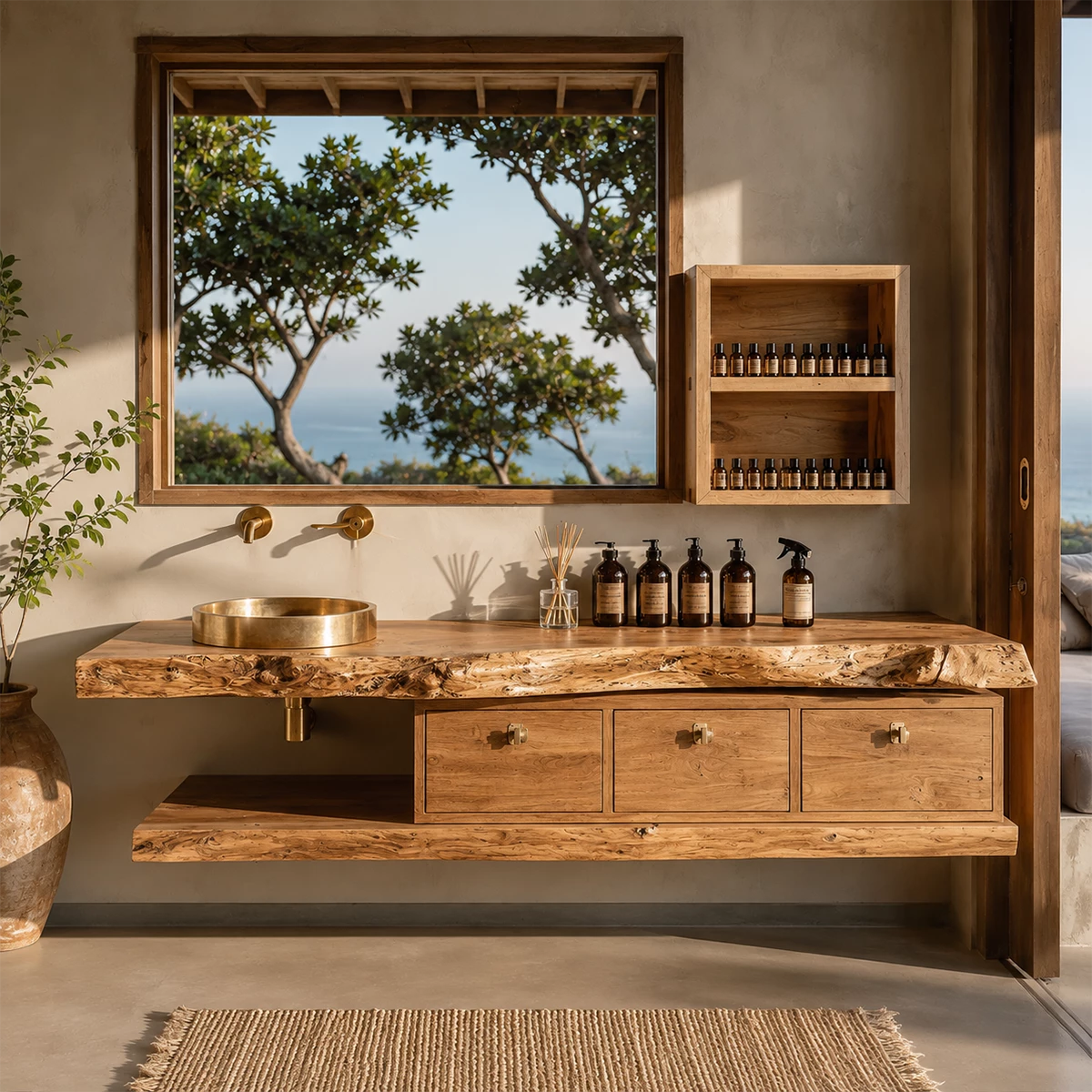 Live Edge Floating Bathroom Vanity With Solid Wood Drawers & Open Shelf