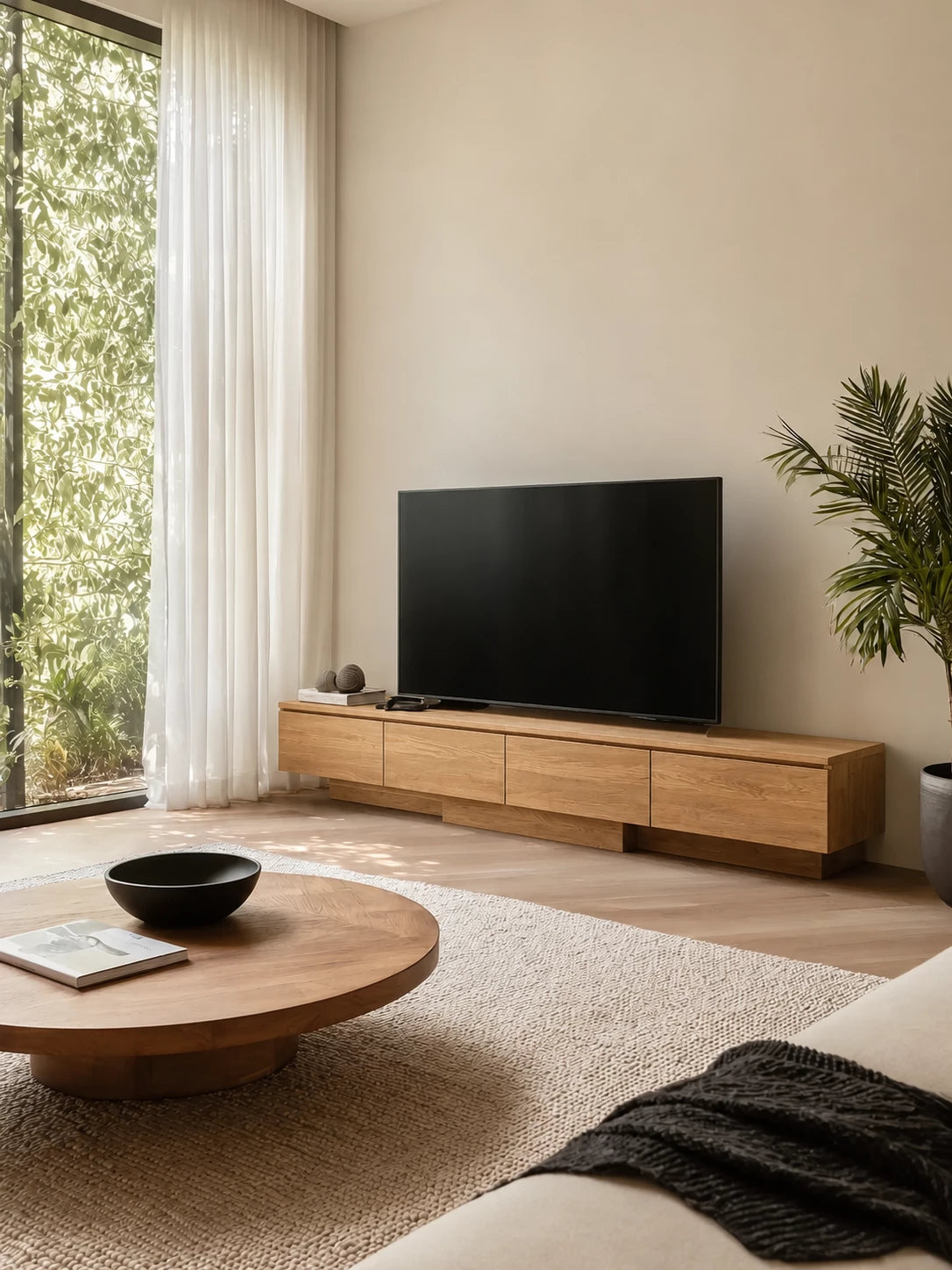 Floating Look Natural Solid Wood TV Stand with Four Door Storage Design